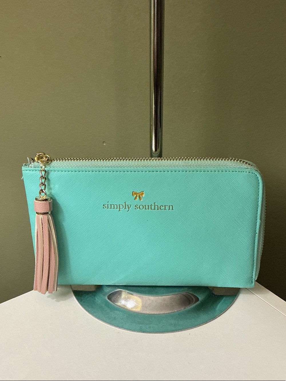 Simply Southern Mint Corner Zip Wallet with Pink Tassel Zip Pull